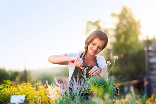 A woman in casual clothing is tending to a vibrant garden bed in natural daylight, using a small hand trowel to care for the plants. The garden features a well-maintained lawn area with dense, lush grass in the foreground, bordered by flower beds that contain a variety of flowering plants and shrubs. Behind her, there are tall trees and a hedge, providing a natural boundary and privacy for the outdoor space. The background shows a clear, slightly sunny sky with soft light illuminating the garden, suggesting fair weather conditions. The garden includes paved pathways and possibly a wooden decking area, blending structured surfaces with green space. This outdoor setting exemplifies typical residential gardening features, and the scene aligns with professional gardening and lawn care services offered by Lawn Mowing Spitalfields in the local area, with a focus on maintaining healthy lawns and vibrant plant displays around an English-inspired garden environment.